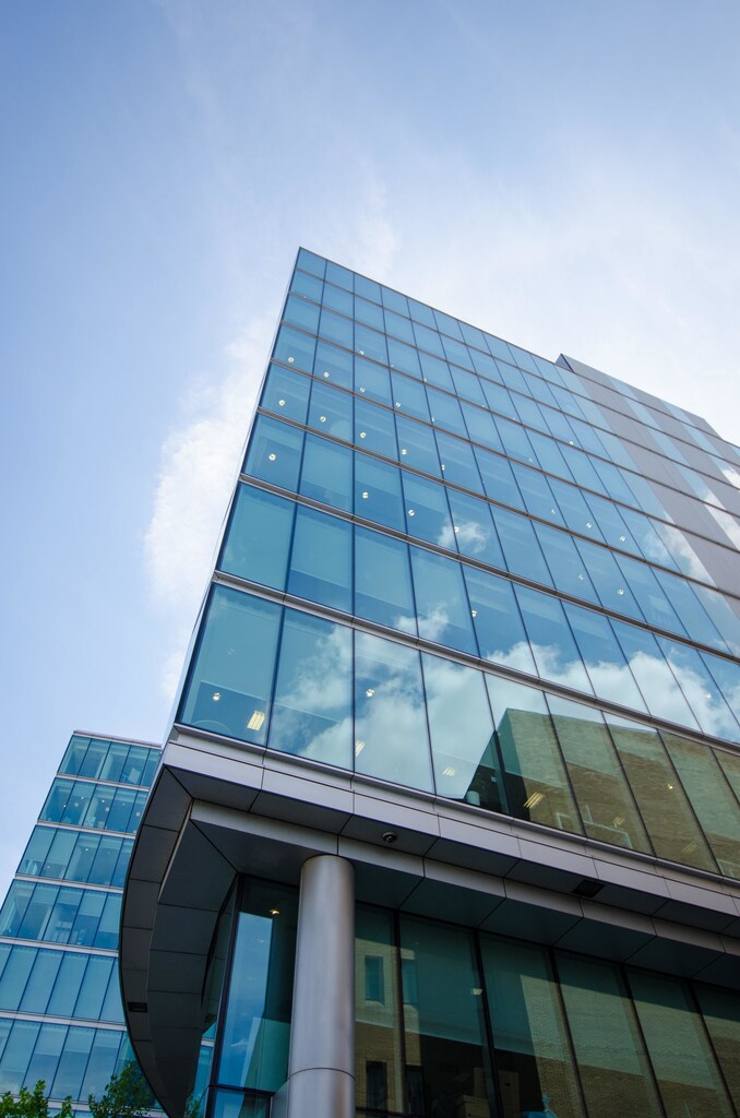 A glass building.