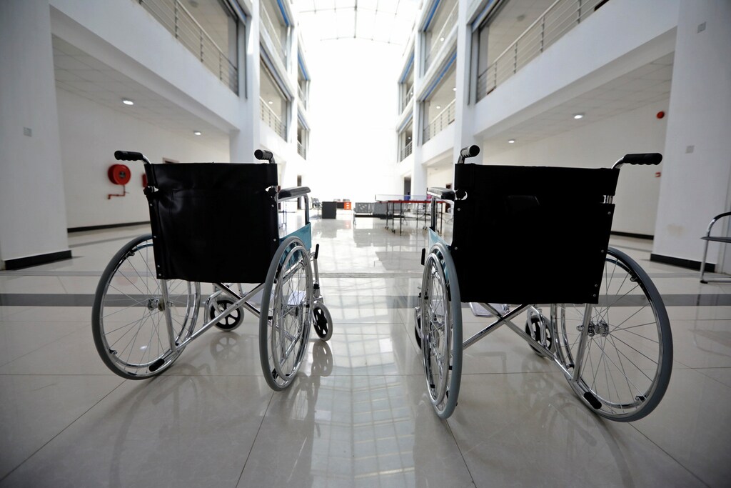 Two wheelchairs are pictured at the newly commissioned Idu Isolation Centre, as authorities struggle to contain the coronavirus disease (COVID-19) outbreak, in Abuja, Nigeria. May 11, 2020. REUTERS/Afolabi Sotunde - RC2HMG9F5ZC3