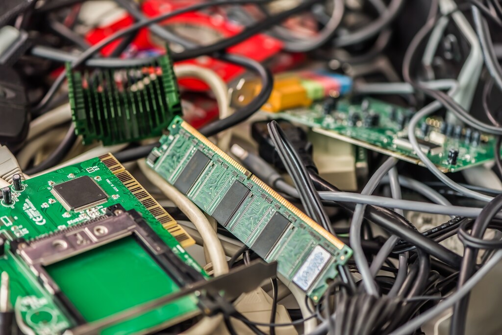 Pile of Old Computer Cables and Devices. Electronic waste, recycling metal