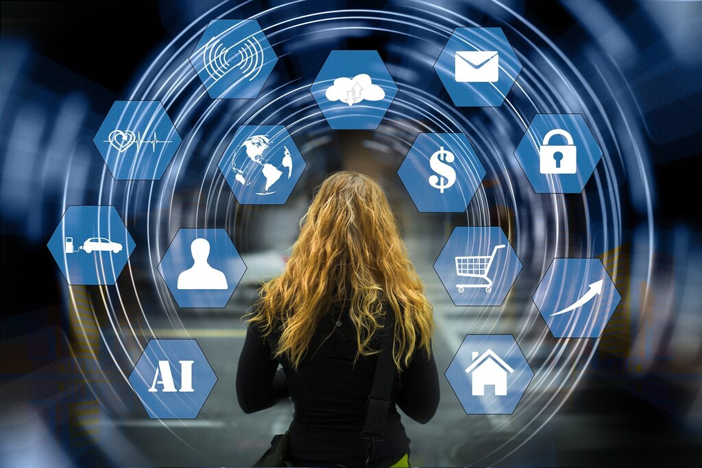 Image of girl looking at network of Artificial Intelligence.