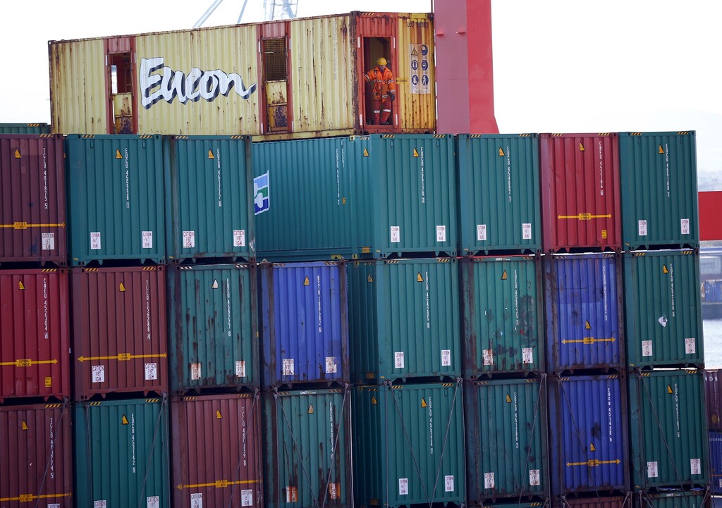 A man works on a container ship in Dublin, Ireland February 24, 2016. A general election will take place in Ireland on February 26. REUTERS/Darren Staples TPX IMAGES OF THE DAY - GF10000321586