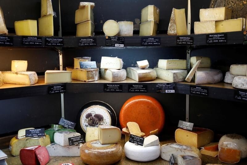 Pieces of cheese are seen inside Beaufils cheesemonger in Paris as France celebrates national Fromage day to protect real raw milk cheese, France, March 27, 2019. REUTERS/Charles Platiau - RC139ED3BEB0