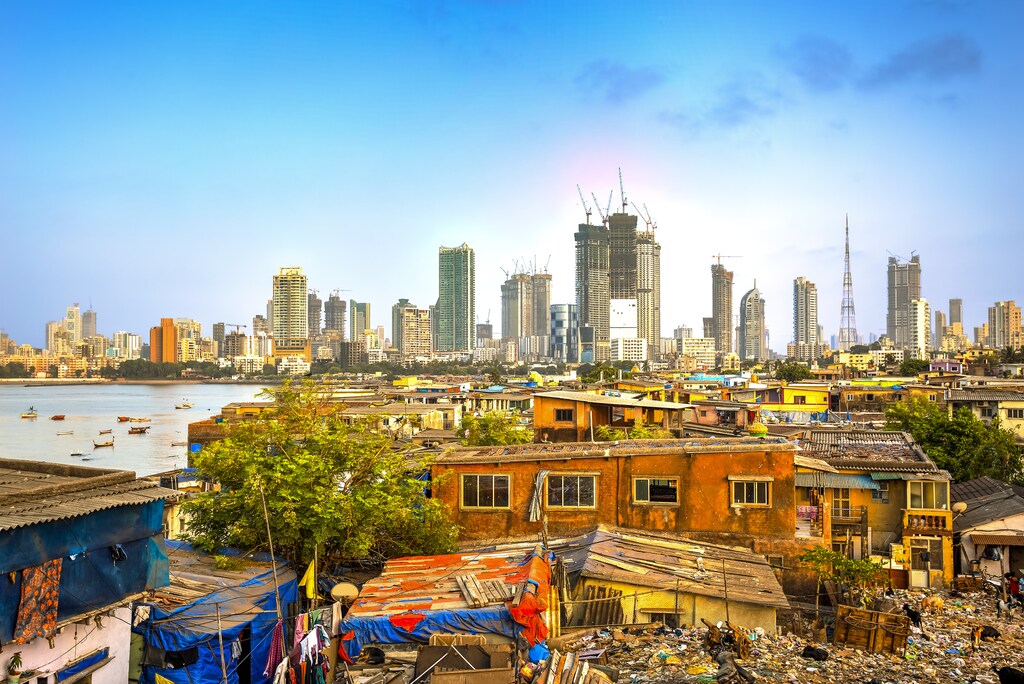 Mumbai cityscape as an example of the big contrast between poverty and wealth in Asia.