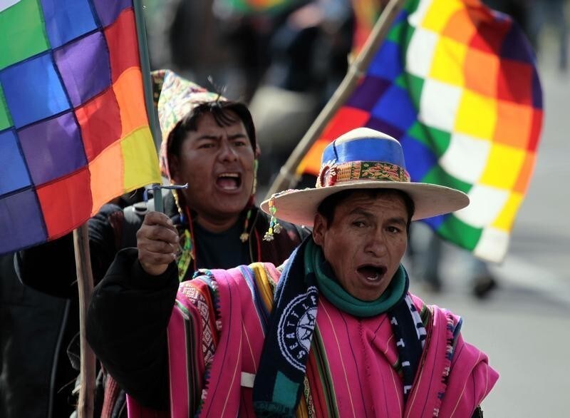 Indigenous men from Bolivia's north Potosi attend a protest rally in La Paz June 7, 2012. The residents of north Potosi demanded the government of Bolivian President Evo Morales cancel the mining concessions of the Malku Khota company, a subsidiary of the Canadian South American Silver Corporation, which is seeking to extract the silver and indium in the area, local media reported.