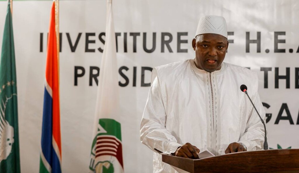 The swearing in ceremony during the inauguration of Gambia President Adama Barrow at the Gambian embassy in Dakar, Senegal, is seen in this handout photo provided by Office of the Senegal Presidency, January 19, 2017. Picture taken January 19, 2017. REUTERS/Office of the Senegal Presidency/Handout THIS IMAGE HAS BEEN SUPPLIED BY A THIRD PARTY. IT IS DISTRIBUTED, EXACTLY AS RECEIVED BY REUTERS, AS A SERVICE TO CLIENTS. EDITORIAL USE ONLY - RTSWGWP