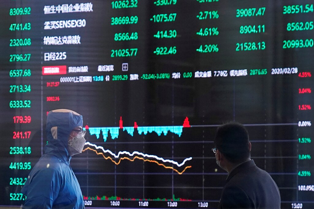 A worker wearing a protective suit is seen inside the Shanghai Stock Exchange building, as the country is hit by a new coronavirus outbreak, at the Pudong financial district in Shanghai, China February 28, 2020. REUTERS/Aly Song - RC2L9F9IFTQ0