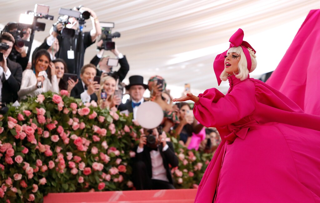 lady gaga poses with flowers in the background