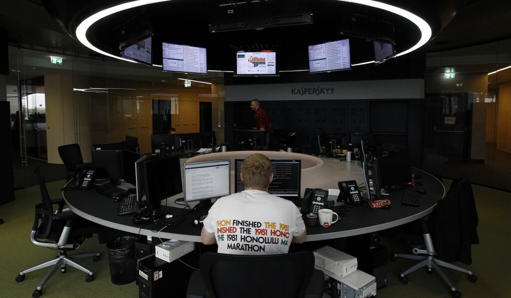 An employee works near screens in the virus lab at the headquarters of Russian cyber security company Kaspersky Labs in Moscow July 29, 2013.