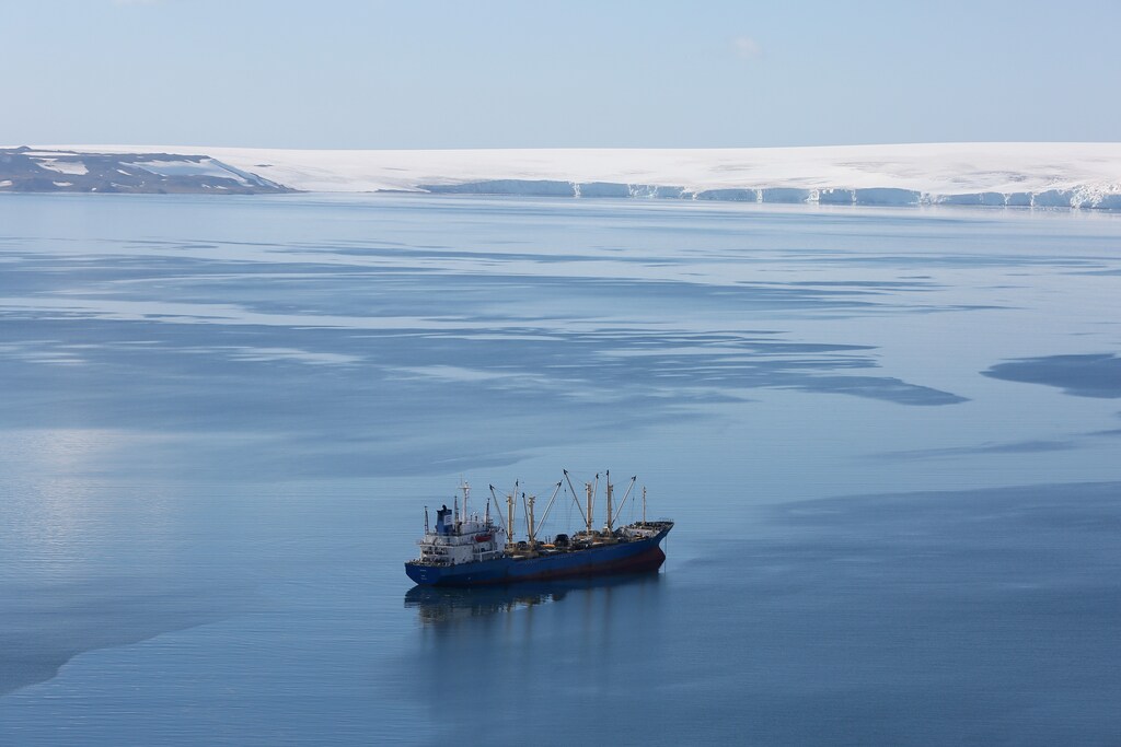 A krill fishing ship of unknown nationality is seen in Half Moon Bay, Antarctica, February 18, 2018. REUTERS/Alexandre Meneghini SEARCH "ANTARCTICA" FOR THIS STORY. SEARCH "WIDER IMAGE" FOR ALL STORIES. - RC132648D3D0