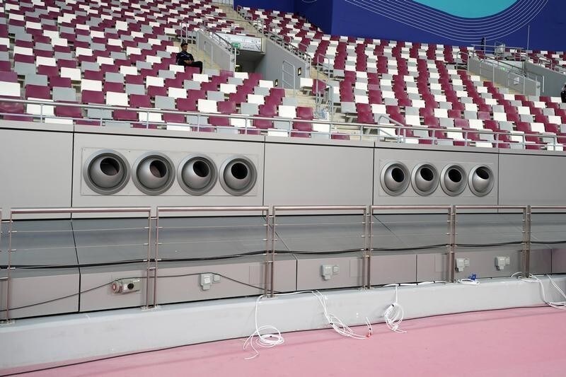 Sep 26, 2019; Doha, Qatar; General overall view of air conditioning climate control units at pitch and field level at Khalifa International Stadium at the Aspire Zone. The venue, named after former emir Khalifa bin Hamad Al Thani, is the site of the 2019 IAAF World Athletics Championships and a venue for the 2022 FIFA World Cup. Mandatory Credit: Kirby Lee-USA TODAY Sports - 13417247