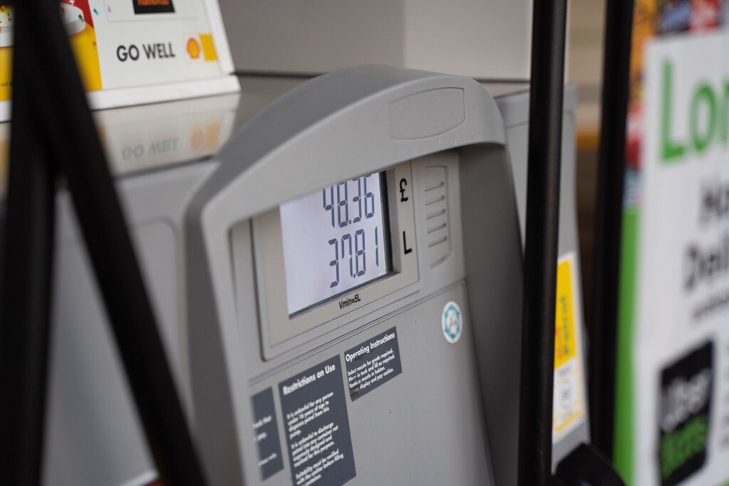 Close-up showing the price of fuel on a petrol pump.