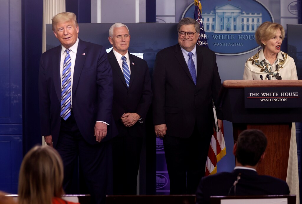 U.S. President Donald Trump quickly moves away from Ambassador Debbie Birx, the White House coronavirus response coordinator, as Vice President Mike Pence and Attorney General William Barr look on, after she revealed that she recently suffered from a low grade fever while addressing the coronavirus response daily briefing at the White House in Washington Coronavirus china virus health healthcare who world health organization disease deaths pandemic epidemic worries concerns Health virus contagious contagion viruses diseases disease lab laboratory doctor health dr nurse medical medicine drugs vaccines vaccinations inoculations technology testing test medicinal biotechnology biotech biology chemistry physics microscope research influenza flu cold common cold bug risk symptomes respiratory china iran italy europe asia america south america north washing hands wash hands coughs sneezes spread spreading precaution precautions health warning covid 19 cov SARS 2019ncov wuhan sarscow wuhanpneumonia pneumonia outbreak patients unhealthy fatality mortality elderly old elder age serious death deathly deadly