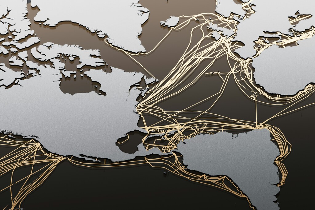 A graphic of the world showing global cooperation connections.