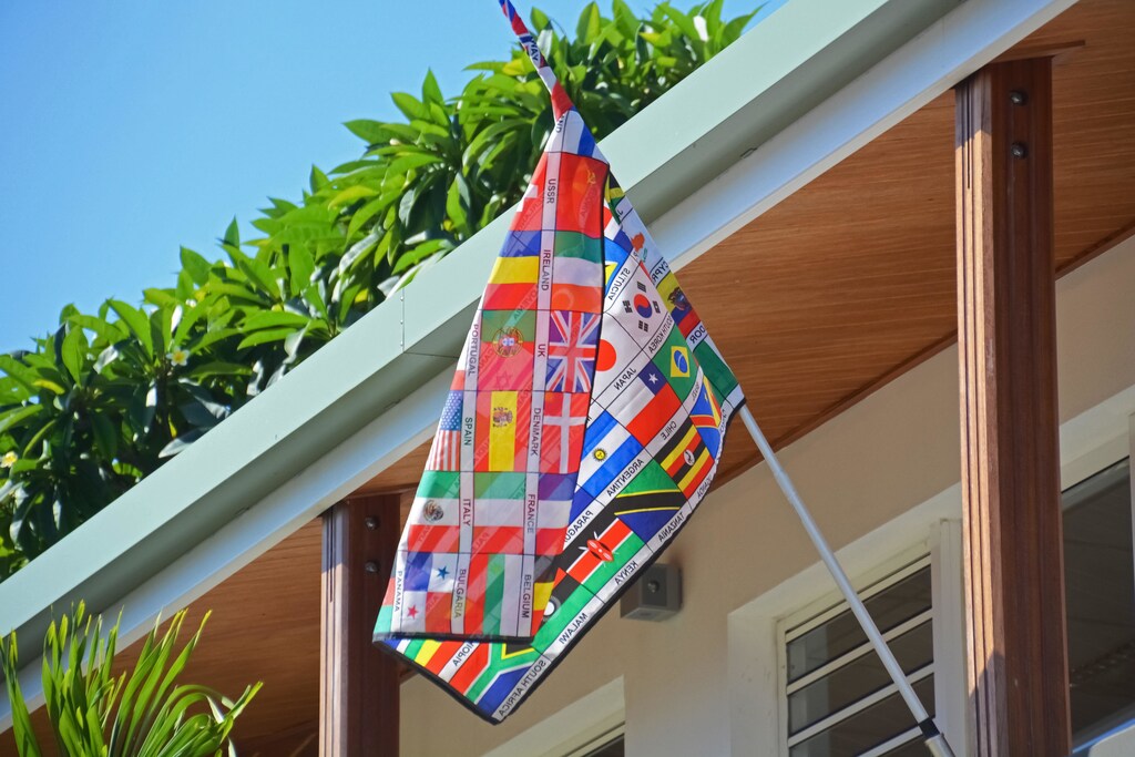 A flag displays national flags