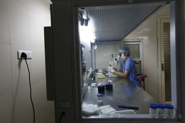 Doctor Harsha Bhadarka, an embryologist, works inside a lab belonging to Akanksha IVF center in Anand town, about 70 km (44 miles) south from the western Indian city of Ahmedabad August 24, 2013. REUTERS/Mansi Thapliyal (INDIA - Tags: HEALTH SOCIETY)