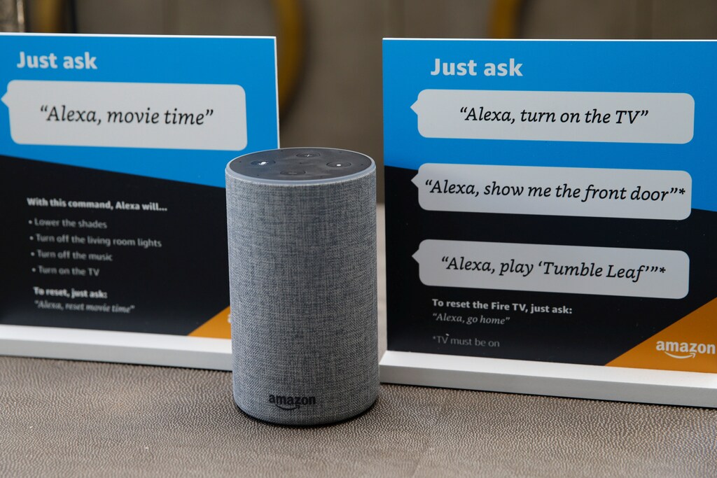 Prompts on how to use the Alexa personal assistant in an Amazon 'experience centre'.
