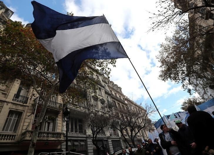 A man waves an Argentine national flag during a demonstration to demand jobs and social benefits in Buenos Aires, Argentina, June 1, 2018. REUTERS/Marcos Brindicci