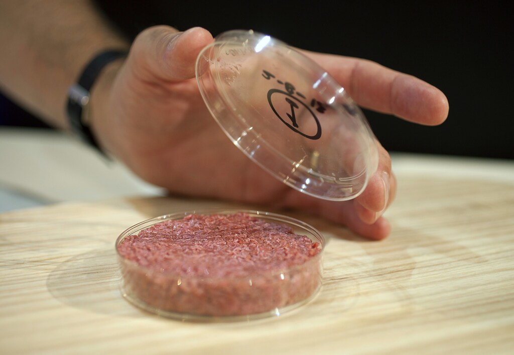 Professor Mark Post shows the world's first lab-grown beef burger during a launch event in west London August 5, 2013. The in-vitro burger, cultured from cattle stem cells, the first example of what its creator says could provide an answer to global food shortages and help combat climate change, was fried in a pan and tasted by two volunteers. The burger is the result of years of research by Post, a vascular biologist at the University of Maastricht, who is working to show how meat grown in petri dishes might one day be a true alternative to meat from livestock.The meat in the burger has been made by knitting together around 20,000 strands of protein that has been cultured from cattle stem cells in Post's lab. REUTERS/David Parry/pool (BRITAIN - Tags: ANIMALS ENVIRONMENT FOOD SCIENCE TECHNOLOGY) FOR EDITORIAL USE ONLY. NOT FOR SALE FOR MARKETING OR ADVERTISING CAMPAIGNS - LM1E98513KM01