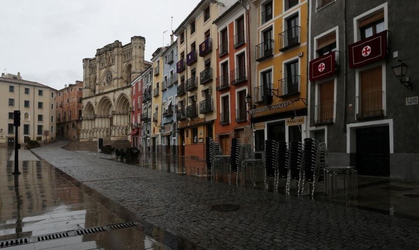 The deserted cathedral and main square in Cuenca.