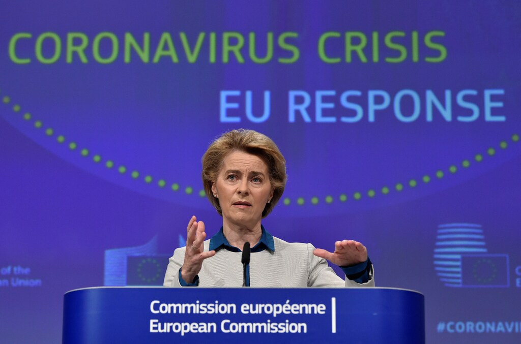 The President of European Commission Ursula von der Leyen holds a news conference on the European Union response to the coronavirus disease (COVID-19) crisis at the EU headquarters in Brussels, April 15, 2020. John Thys/Pool via REUTERS - RC2Z4G9ZFDGA