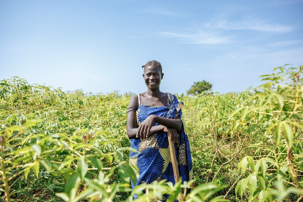 Salome in her cassava garden in the Bidi Bidi Refugee Settlement in Uganda.