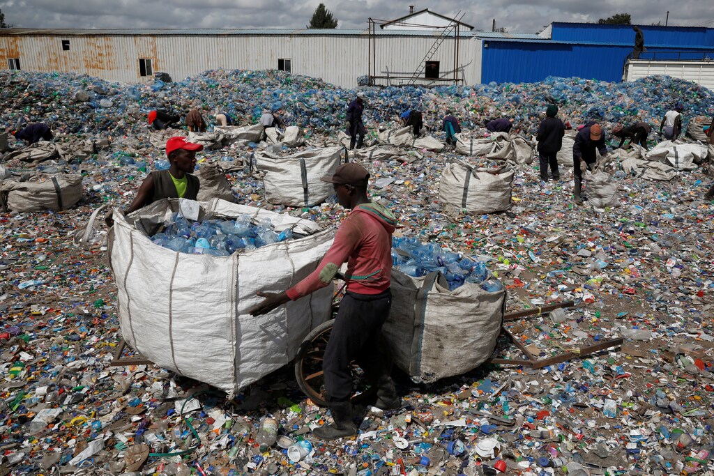 Employees sort bottles at a plastic recycling factory near Nairobi, Kenya.