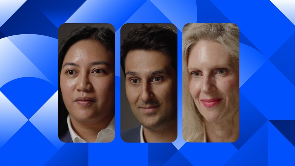 A collage featuring three diverse innovators and participants attending the Summer Davos annual meeting.