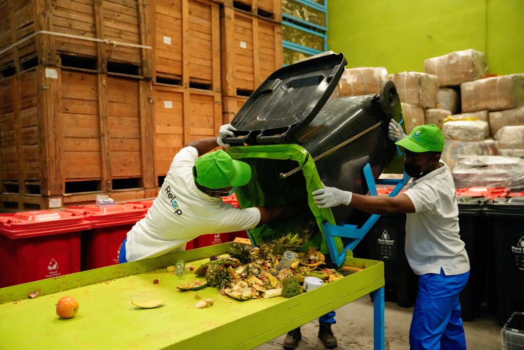 Workers process food waste in Dubai, United Arab Emirates.