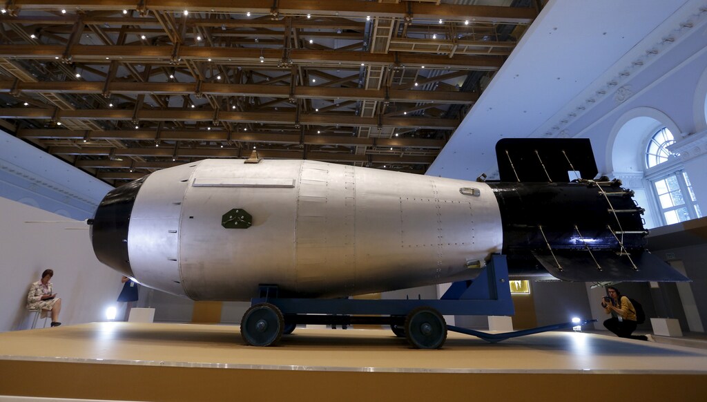 Shell, which is the replica of the biggest detonated Soviet nuclear bomb AN-602 (Tsar-Bomb), is on display in Moscow, Russia, August 31, 2015. The shell is part of an exhibition organized by the state nuclear corporation Rosatom. REUTERS/Maxim Zmeyev - GF10000188306
