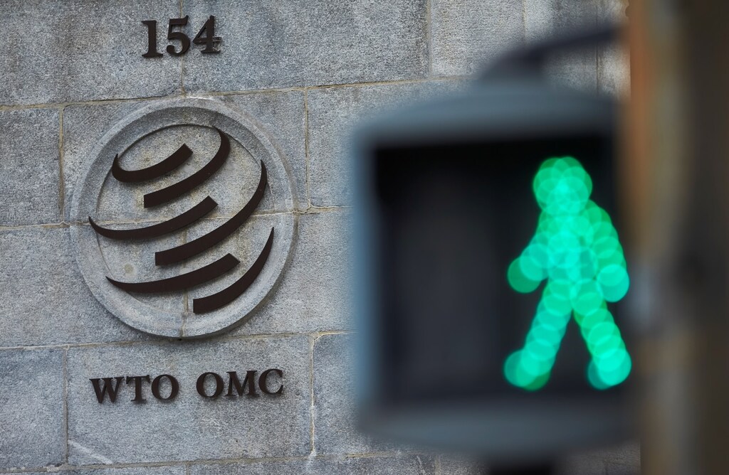 The World Trade Organization building is seen in the background; a green man traffic light is seen in the foreground.