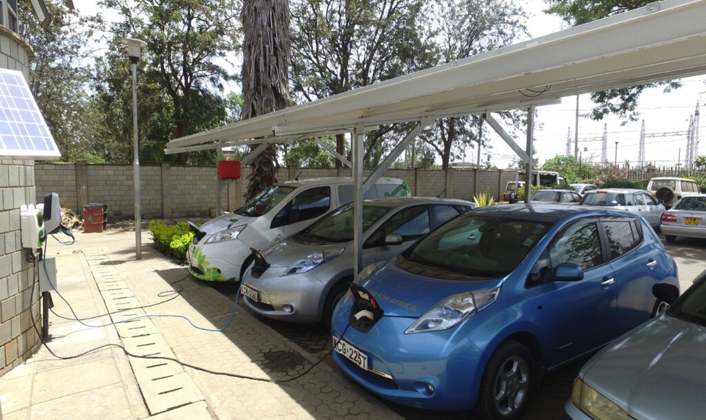 Electric cars charging from solar photovoltaic panels in Nairobi, Kenya