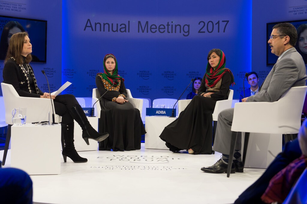 Joanne Lipman, Editor-in-Chief, USA Today Network, USA, Negin Khpolwak, Conductor, Zohra Orchestra, Afghanistan National Institute of Music (ANIM), Afghanistan, Zarifa Adiba, Conductor, Zohra Orchestra, Afghanistan National Institute of Music (ANIM), Afghanistan, Ahmad Sarmast, Founder, Afghanistan National Institute of Music (ANIM), Afghanistan speaking during the Session: Artists on the Frontlines: Fighting the Taliban with Music at the Annual Meeting 2017 of the World Economic Forum in Davos, January 19, 2017.Copyright by World Economic Forum / Sandra Blaser