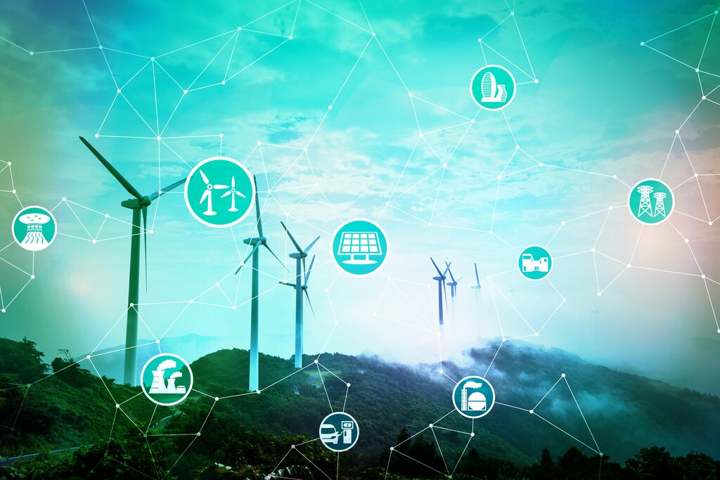 Wind turbines and solar panels connected by a digital network representing the net zero transition for state-owned enterprises