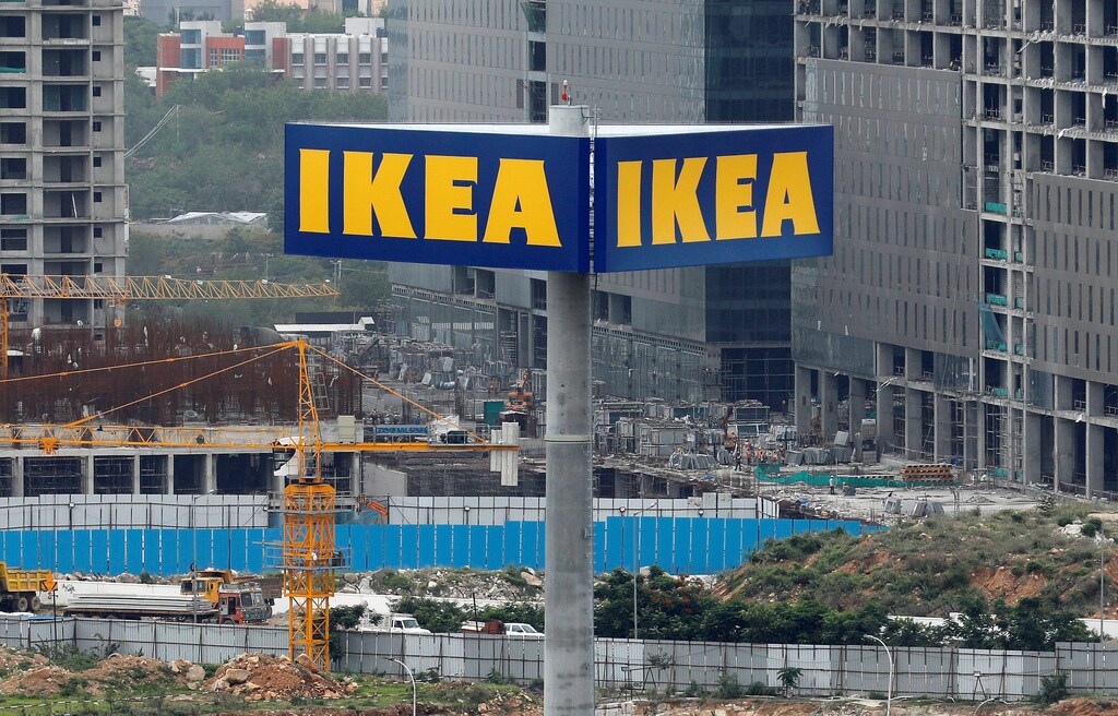 The logo of IKEA is seen outside its under construction store in Hyderabad, India, July 18, 2018. Picture take July 18, 2018. REUTERS/Danish Siddiqui - RC1CAB963490