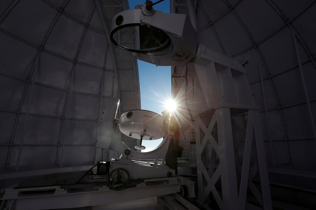 Sunlight beams through the dome of the solar tunnel telescope at the Kodaikanal Solar Observatory, India, February 3, 2017.
