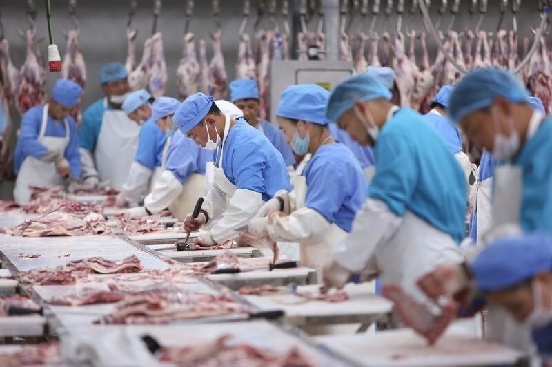 People work at Darkhan Meat Foods that produces halal meat in Darkhan-Uul province, Mongolia, August 13, 2018. Picture taken August 13, 2018. REUTERS/B. Rentsendorj - RC17AA23D4B0