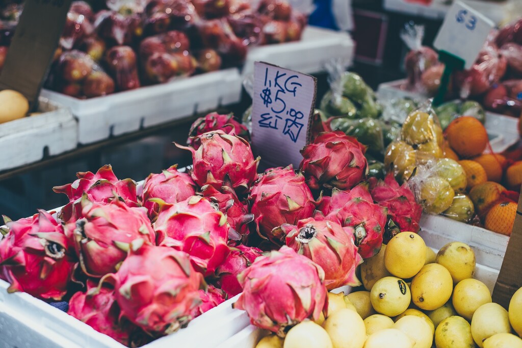 orange, mango, dragonfruit, price, tag, fruit, stand, market, grocery, food, health
