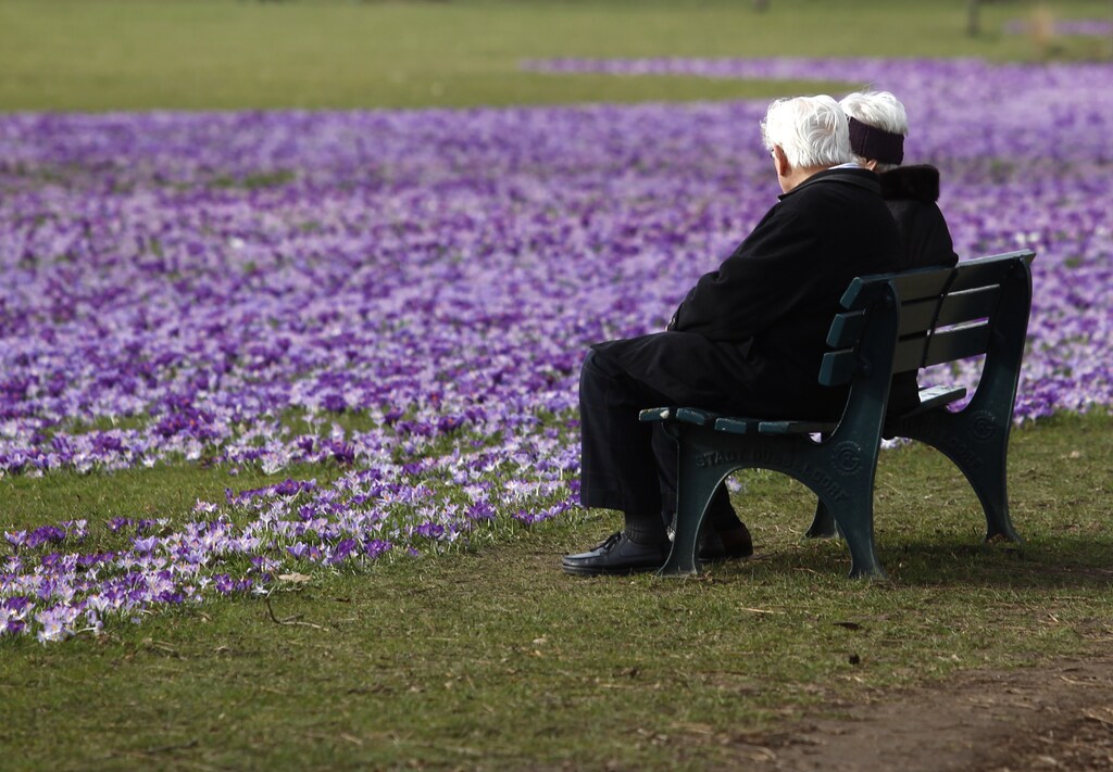 An elderly couple sit on a bench next crocus flowers in a park in Duesseldorf March 17, 2010. REUTERS/Ina Fassbender (GERMANY - Tags: ENVIRONMENT) - BM2E63H199501