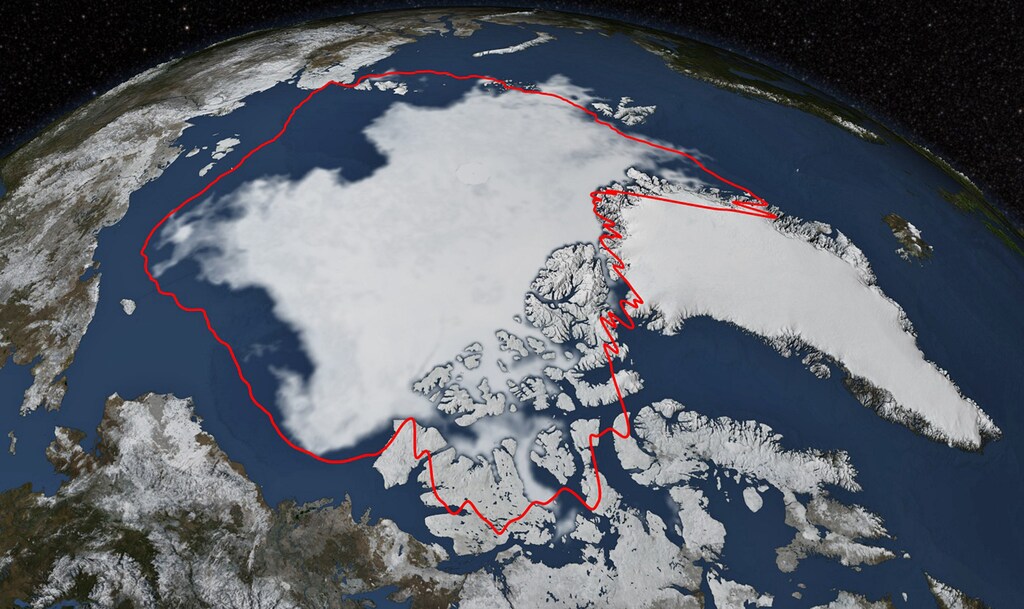 Arctic sea ice hits its annual minimum as seen in this satellite picture provided by the Japan Aerospace Exploration Agency GCOM-W1 satellite and NASA taken September 17, and released September 22, 2014. The red line in this image shows the 1981-2010 average minimum extent. Over the 2014 summer, Arctic sea ice melted back from its maximum extent reached in March to a coverage area of 1.94 million square miles (5.02 million square kilometers), according to analysis from NASA and NASA-supported National Snow and Ice Data Center (NSIDC) scientists. This year?s minimum extent is similar to last year?s and below the 1981-2010 average of 2.40 million square miles (6.22 million square km). Picture taken September 17, 2014. REUTERS/NASA/Goddard Scientific Visualization Studio/Handout via Reuters (UNITED STATES - Tags: SCIENCE TECHNOLOGY ENVIRONMENT) THIS IMAGE HAS BEEN SUPPLIED BY A THIRD PARTY. IT IS DISTRIBUTED, EXACTLY AS RECEIVED BY REUTERS, AS A SERVICE TO CLIENTS. FOR EDITORIAL USE ONLY. NOT FOR SALE FOR MARKETING OR ADVERTISING CAMPAIGNS - RTR47A3H