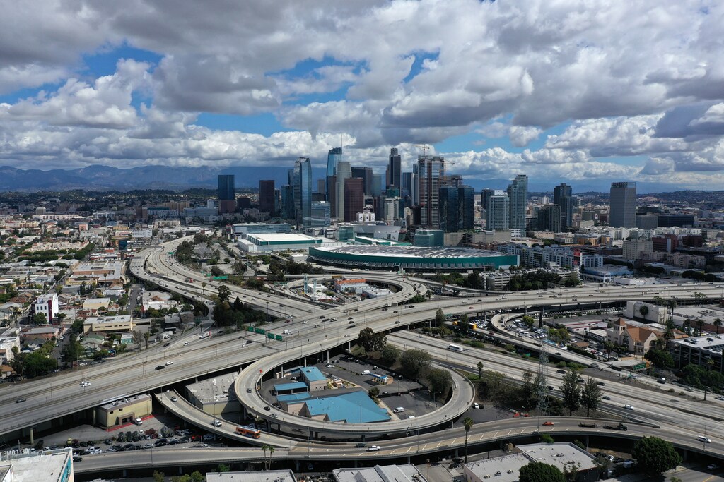 A general view of freeways leading into downtown Los Angeles after California issued a stay-at-home order due to coronavirus disease (COVID-19) in Los Angeles, California, U.S., March 23, 2020.