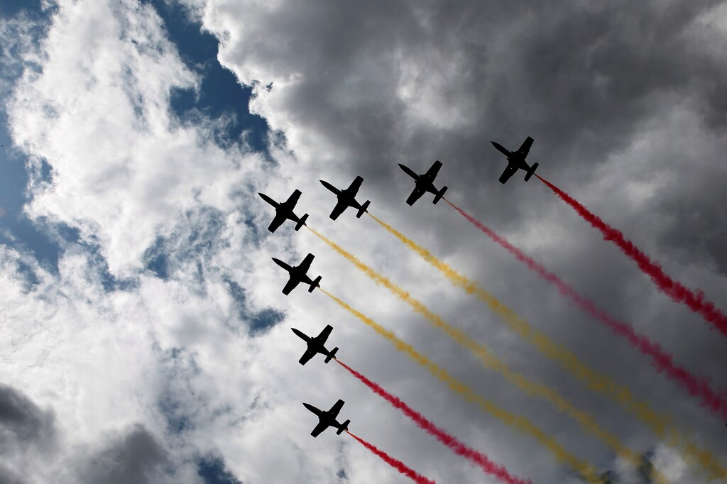 Fighter jets display the colours of the Spanish national flag during a ceremony marking Spain's Armed Forces Day in Madrid, Spain, May 28, 2016. REUTERS/Susana Vera - S1AETGQMXAAB
