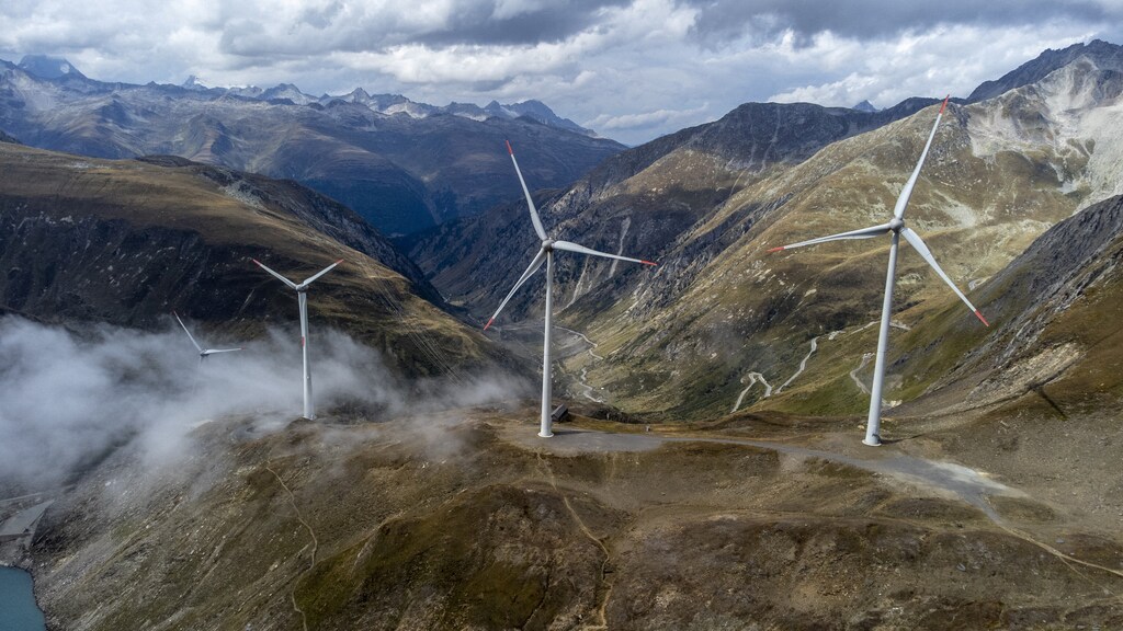 Windmills are seen at SwissWinds farm, Europe's highest wind farm at 2500m, near the Nufenen Pass in Gries, Switzerland, September 2, 2022.