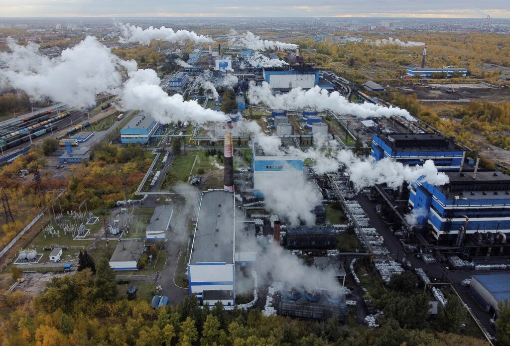 An aerial view shows a plant of Omsktechuglerod company producing carbon black in Omsk.