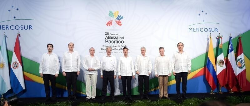 (L-R) Vice Minister of Foreign Affairs of Uruguay Federico Gonzalez, Deputy Minister of Foreign Affairs of Argentina Daniel Raimondi, Brazil's President Michel Temer, Uruguay's President Tabare Vazquez, Mexico's President Enrique Pena Nieto, Chile's President Sebastian Pinera, Colombia's President Juan Manuel Santos and Peru's President Martin Alberto Vizcarra pose for a family photo during the 13th Pacific Alliance Summit in Puerto Vallarta, Mexico July 24, 2018.