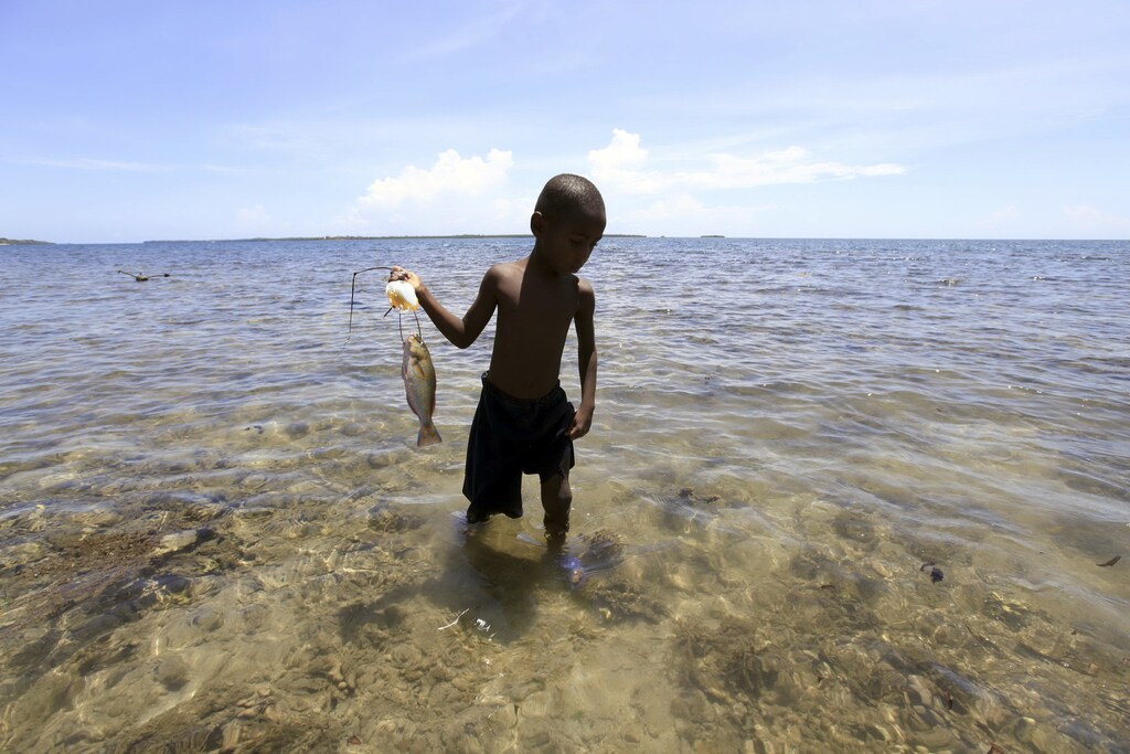 A boy carries a fish back to shore near Mombasa, Kenya.