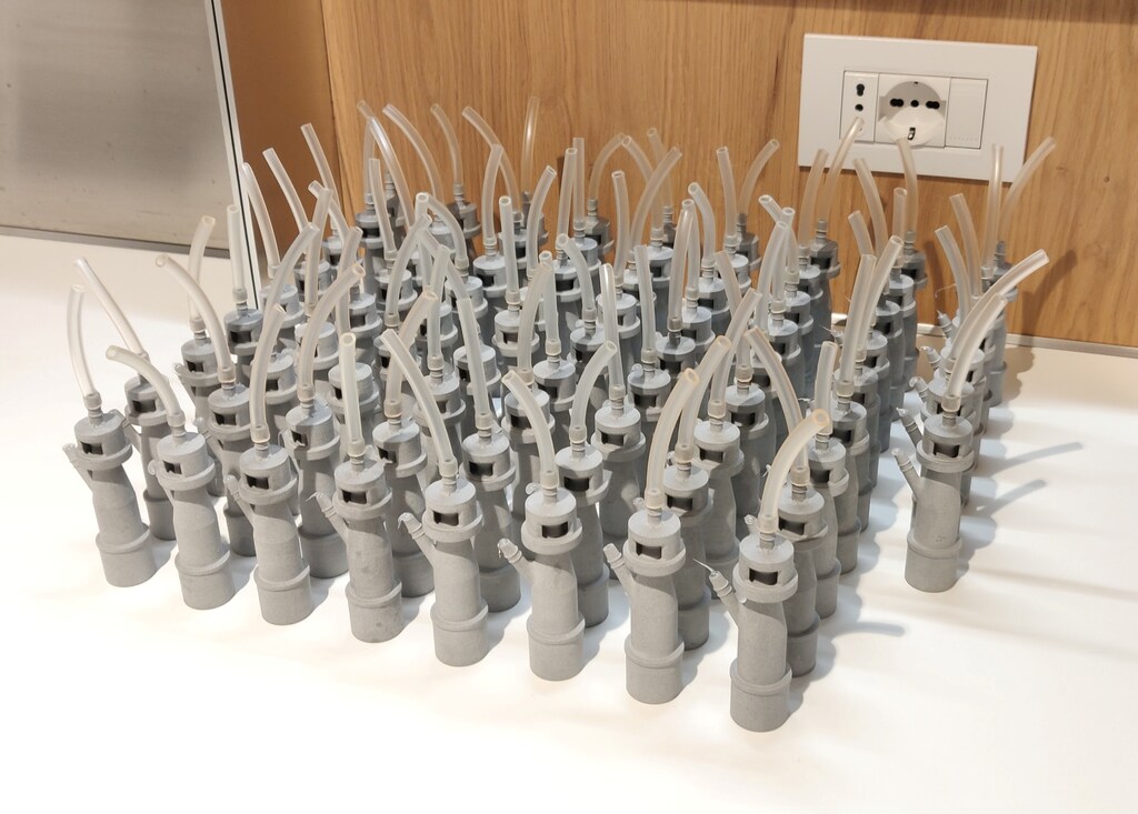Valves produced with a 3D printer for hospitals are seen near the northern Italian city of Brescia, in Chiari Italy March 15, 2020. CRISTIAN FRACASSI/Handout via REUTERS ATTENTION EDITORS - THIS IMAGE WAS PROVIDED BY A THIRD PARTY. - RC25LF97D9PK