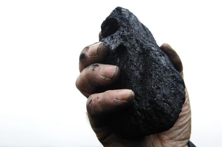A coal merchant holds up a lump of coal for the camera in his yard in Melmerby, northern England November 5, 2008. A global recession and cheaper coal are likely to cut Britain's demand for natural gas this winter, possibly speeding up the fall in gas prices which have so far lagged behind the slump in oil markets. Photograph taken on November 5, 2008. REUTERS/Nigel Roddis (BRITAIN)