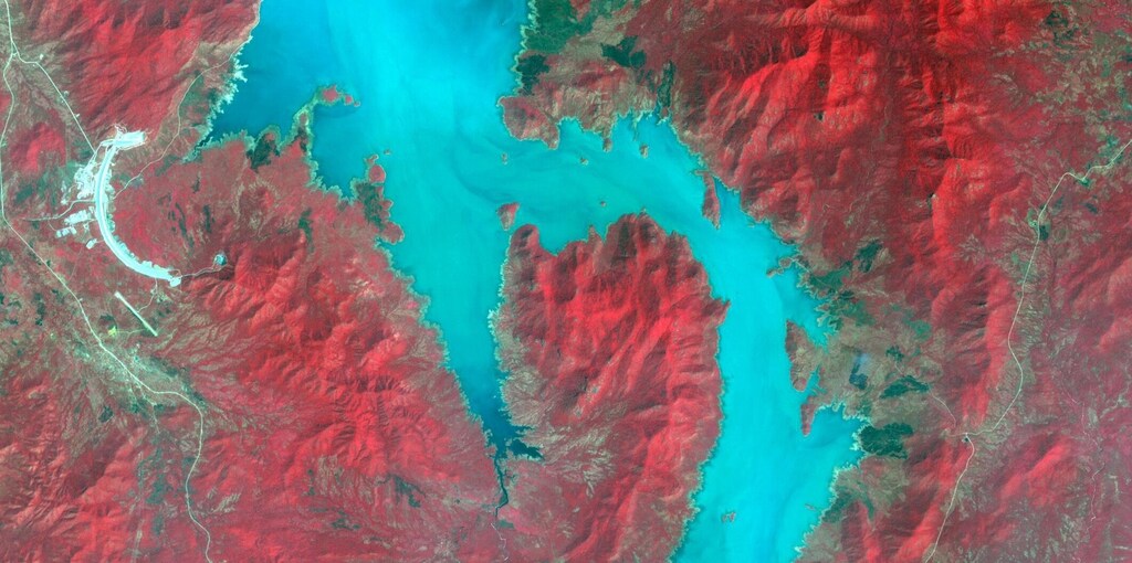 The Grand Ethiopian Renaissance Dam reservoir is seen from above. Access to water and drought resilience are persistent problems across the Horn of Africa.