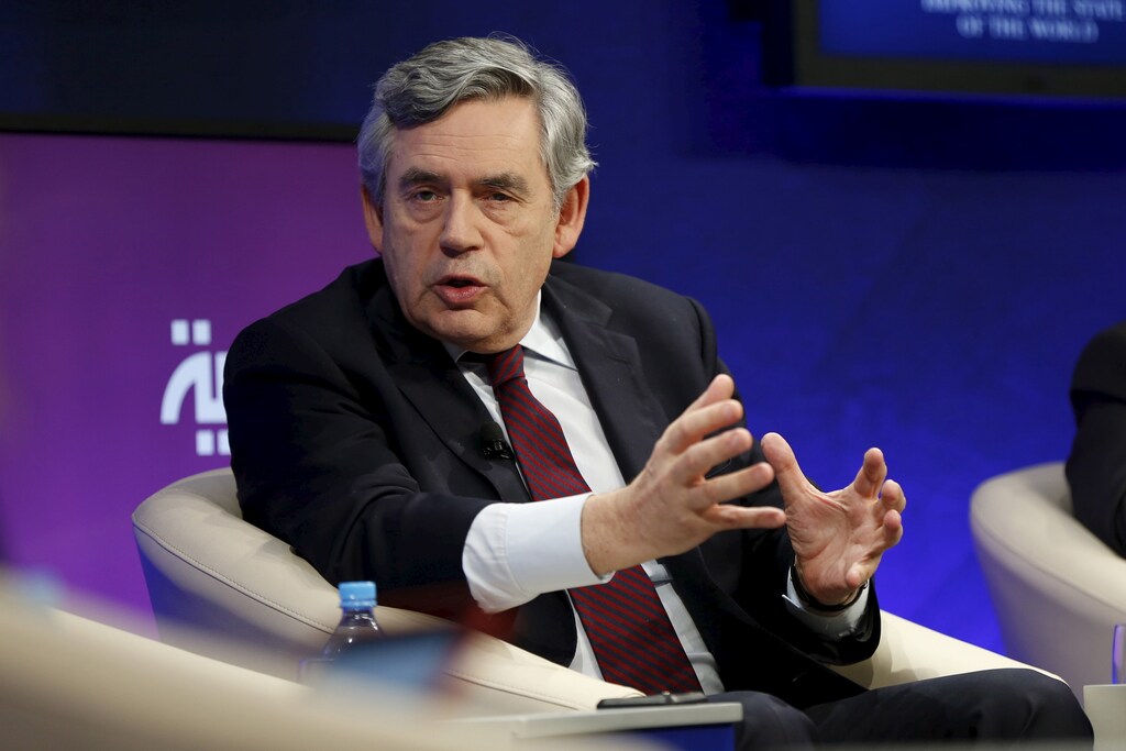 Former British Prime Minister Gordon Brown speaks in the last day of the World Economic Forum (WEF) on the Middle East and North Africa at the King Hussein Convention Centre at the Dead Sea May 23, 2015. REUTERS/Muhammad Hamed - RTX1E8B8