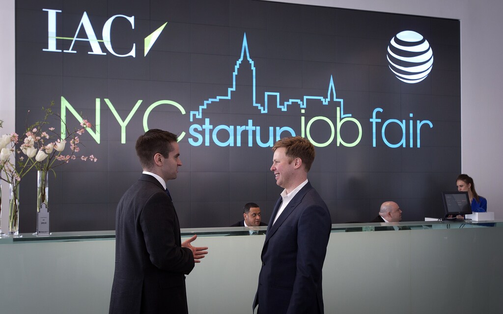 People attend the NYC Startup Job Fair in New York, April 11, 2014. The fair expects to connect more than 1,000 job seekers with dozens of New York-based startup companies. REUTERS/Carlo Allegri (UNITED STATES - Tags: BUSINESS EMPLOYMENT) - RTR3KXKJ